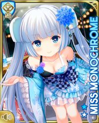 Rule 34 | 1girl, blue dress, blue eyes, blunt bangs, card, character name, checkered pattern, closed mouth, concert, dress, flower, girlfriend (kari), hair flower, hair ornament, indoors, miss monochrome, miss monochrome (character), night, official art, qp:flapper, smile, solo, standing, tagme, twintails, white footwear, white hair