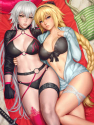 Rule 34 | 2girls, ahoge, beach, bikini, black bikini, blonde hair, blue eyes, braid, braided ponytail, breasts, cleavage, fate/grand order, fate (series), front-tie bikini top, front-tie top, hand on another&#039;s head, highres, jeanne d&#039;arc alter (swimsuit berserker) (fate), jeanne d&#039;arc (fate), jeanne d&#039;arc (ruler) (fate), jeanne d&#039;arc (swimsuit archer) (fate), jeanne d&#039;arc (swimsuit archer) (first ascension) (fate), jeanne d&#039;arc alter (fate), jeanne d&#039;arc alter (swimsuit berserker) (fate), large breasts, long hair, looking at viewer, lying, multiple girls, navel, o-ring, o-ring bikini, on back, pale skin, parted lips, shrug (clothing), silver hair, stomach, summer, swimsuit, thigh strap, thighhighs, very long hair, yellow eyes