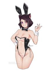 Rule 34 | 1girl, absurdres, animal ears, areola slip, ascari megane (aurahack), aurahack, bandaid, bandaid on face, bandaid on nose, bare shoulders, black bow, black bowtie, bow, bowtie, breasts, brown hair, cleavage, cleft of venus, collarbone, commentary, cropped legs, detached collar, english commentary, fake animal ears, final fantasy, final fantasy xiv, forehead, hand on own hip, heterochromia, highres, leotard, looking at viewer, medium breasts, meme attire, miqo&#039;te, mole, mole on arm, mole on breast, mole on stomach, mole under eye, multiple moles, nontraditional playboy bunny, ok sign, playboy bunny, purple eyes, rabbit ears, red eyes, revealing clothes, see-through, see-through leotard, short hair, side-tie leotard, simple background, solo, strapless, translucent bunnysuit, warrior of light (ff14), white background, wrist cuffs