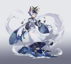 Rule 34 | 1girl, absurdres, alchemy stars, animal ears, black footwear, black gloves, blue eyes, boots, breasts, cape, cat ears, chain, closed mouth, colored tips, cross, dress, full body, gloves, gradient background, hand up, hat, highres, huangyan zhizaoji, ice, latin cross, long sleeves, magic, multicolored hair, peaked cap, philyshy (alchemy stars), short hair, small breasts, smile, solo, white dress, white hair, white hat