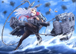 Rule 34 | 1girl, anchor, black pantyhose, blue sky, breasts, cannon, casing ejection, chain, cloud, commentary request, day, dress, from below, gloves, hair ribbon, headgear, kantai collection, legs, long hair, machinery, murakumo (kancolle), murakumo kai ni (kancolle), necktie, ocean, open mouth, orange eyes, outdoors, pantyhose, red necktie, ribbon, rigging, sailor dress, shell casing, sidelocks, silver hair, sky, smoke, solo, standing, standing on liquid, thighband pantyhose, tress ribbon, turret, waves, weapon, zombie mogura