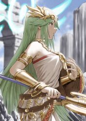 Rule 34 | 1girl, ancient greek clothes, armlet, bare shoulders, breasts, chiton, circlet, dress, eyelashes, fagi (kakikaki), forehead jewel, gold, green eyes, green hair, hair ornament, highres, holding, holding staff, jewelry, kid icarus, kid icarus uprising, laurel crown, long hair, lots of jewelry, matching hair/eyes, medium breasts, muted color, neck ring, necklace, nintendo, palutena, parted bangs, pendant, pillar, profile, ruins, serious, shield, sky, solo, solo focus, staff, strapless, strapless dress, teeth, temple, tiara, vambraces, very long hair, white dress