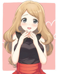Rule 34 | 1girl, bare arms, black shirt, blonde hair, blush, border, collared shirt, commentary, creatures (company), fingernails, game freak, grey eyes, heart, highres, long hair, looking at viewer, nasakixoc, nintendo, open mouth, outside border, own hands together, pokemon, pokemon xy, raised eyebrows, red skirt, serena (pokemon), shirt, skirt, sleeveless, sleeveless shirt, smile, solo, teeth, tongue, white border