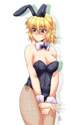 Rule 34 | 1girl, alternate costume, animal ears, bad id, bad pixiv id, blonde hair, blush, bow, bowtie, breasts, cleavage, detached collar, female focus, fishnet pantyhose, fishnets, green eyes, highres, large breasts, leotard, mizuhashi parsee, ootsuki wataru, pantyhose, playboy bunny, pointy ears, rabbit ears, short hair, simple background, solo, touhou, white background, wrist cuffs