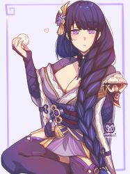 Rule 34 | 1girl, armor, artist name, blush, braid, breasts, bridal gauntlets, cleavage, closed mouth, commentary, english commentary, floral print, flower, food, genshin impact, grey background, hair ornament, heart, hinahaii, holding, holding food, holding plate, japanese clothes, kimono, large breasts, long hair, long sleeves, looking at viewer, mitsudomoe (shape), mole, mole under eye, nail polish, obi, obiage, obijime, plate, purple eyes, purple flower, purple hair, purple nails, purple thighhighs, raiden shogun, ribbon, sash, shoulder armor, simple background, solo, tassel, thighhighs, tomoe (symbol), wide sleeves