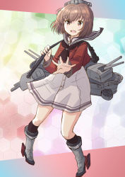 Rule 34 | 1girl, adapted turret, brown eyes, brown hair, brown neckerchief, brown sailor collar, cannon, dress, fuji (pixiv24804665), grey neckerchief, hair ornament, hairclip, headgear, highres, kantai collection, kneehighs, machinery, neckerchief, open mouth, red shirt, round teeth, rudder footwear, sailor collar, sailor shirt, shirt, socks, solo, speaking tube headset, tan yang (kancolle), teeth, turret, upper teeth only, white dress, yukikaze (kancolle)