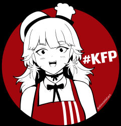 Rule 34 | 1girl, apron, beret, black background, hat, highres, hololive, hololive english, kfc, looking at viewer, monochrome, red apron, red background, shirt, solo, takanashi kiara, twitter, twitter username, upper body, virtual youtuber, white shirt