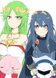 Rule 34 | 2boys, 2girls, bad id, bad pixiv id, bare shoulders, blue eyes, blue hair, blush stickers, breast rest, breasts, cape, carrying, company connection, fire emblem, fire emblem awakening, green eyes, green hair, hair ornament, hairband, haniwa (8241427), jewelry, kid icarus, kid icarus uprising, kirby, kirby (series), long hair, lucina (fire emblem), mask, meta knight, multiple boys, multiple girls, necklace, nintendo, palutena, shoulder pads, small breasts, smile, super smash bros., symbol-shaped pupils, tiara, | |