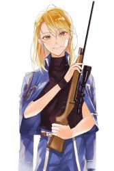 Rule 34 | 1girl, amestris military uniform, backlighting, bad id, bad twitter id, bandaid, bandaid on face, black shirt, blonde hair, blue jacket, blue pants, brown eyes, closed mouth, colored eyelashes, earrings, fullmetal alchemist, gun, hair down, hair over one eye, happy, head tilt, holding, holding gun, holding weapon, jacket, jacket on shoulders, jewelry, lips, looking at viewer, maico (pmicimp), medium hair, military, military uniform, open clothes, open jacket, pants, rifle, riza hawkeye, shaded face, shirt, simple background, smile, solo, standing, uniform, upper body, weapon, white background, wristband