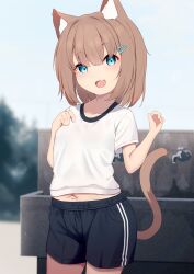 Rule 34 | 1girl, :d, absurdres, animal ear fluff, animal ears, black shorts, blue eyes, blurry, blurry background, blush, breasts, brown hair, cat ears, cat girl, cat tail, collarbone, commentary request, day, depth of field, fang, faucet, gym shirt, gym shorts, gym uniform, hair between eyes, hair ornament, hairclip, hands up, highres, hinata (user rjkt4745), looking at viewer, midriff peek, navel, open mouth, original, outdoors, shirt, short sleeves, shorts, small breasts, smile, solo, tail, white shirt