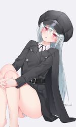Rule 34 | 1girl, bad id, bad twitter id, bare legs, barefoot, belt, black belt, black hat, black jacket, black ribbon, blush, buttons, cabbie hat, collared shirt, foot out of frame, hair between eyes, hands on own knees, hat, head tilt, highres, jacket, kakoto, knees up, legs together, long hair, looking at viewer, neck ribbon, no pants, open mouth, original, own hands together, panties, red eyes, ribbon, shirt, silver hair, sitting, solo, thighs, twitter username, underwear, white background, white panties, white shirt