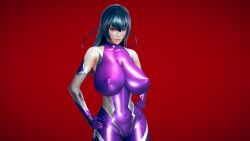Rule 34 | 1girl, 3d, black hair, bodysuit, breasts, cleavage, covered erect nipples, eyeshadow, gloves, green eyes, hands on own hips, highres, huge breasts, igawa asagi, lipstick, long hair, looking at viewer, makeup, mascara, nipples, non-web source, pale skin, red background, smile, solo, standing, taimanin (series)