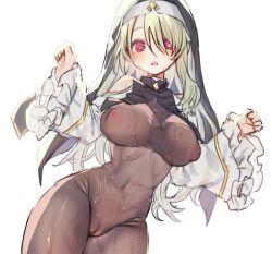 Rule 34 | + +, 1girl, :o, black headwear, blush, bodysuit, breasts, brown bodysuit, cameltoe, cleft of venus, covered erect nipples, frilled sleeves, frills, grey hair, habit, hair between eyes, large breasts, long hair, long sleeves, looking at viewer, nipples, nun, open mouth, original, pink hair, sakana no ike, see-through, simple background, solo, white background, yellow pupils