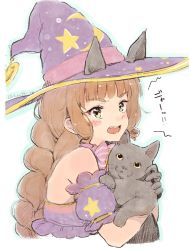 Rule 34 | 1girl, :d, animal, animal ears, black cat, black gloves, blush, bow, braid, brown hair, cat, cat ears, detached sleeves, envy (otoca d&#039;or), gloves, hat, holding, holding animal, holding cat, jewelry, leoharju, long hair, open mouth, otoca d&#039;or, pink bow, puffy sleeves, purple hat, sidelocks, simple background, smile, solo, twitter username, upper body, witch hat