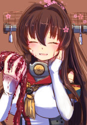 Rule 34 | 10s, 1girl, ^ ^, abyssal ship, ascot, bad id, bad pixiv id, blood, breasts, brown hair, closed eyes, guro, hair ornament, kantai collection, large breasts, open mouth, organs, pantyhose, ponytail, smile, solo, tenken (gotannda), upper body, yamato (kancolle)
