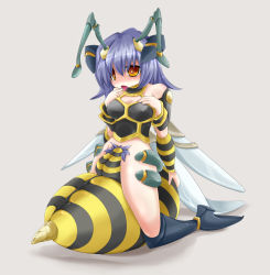 Rule 34 | 1girl, :p, antennae, arthropod girl, bee girl, between thighs, boots, bottomless, extra arms, female pubic hair, finger to mouth, frfr, highres, insect girl, knee boots, kneeling, monster girl, multi arm, multi limb, orange eyes, original, pubic hair, purple hair, short hair, solo, thighs, tongue, tongue out, wings