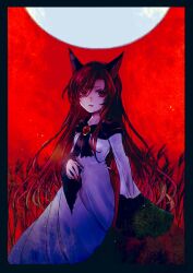 Rule 34 | 1girl, animal ears, brooch, brown hair, dress, fingernails, highres, imaizumi kagerou, jewelry, long fingernails, long hair, long sleeves, looking at viewer, nail polish, open mouth, papapapappa123, purple dress, red eyes, red nails, sharp fingernails, solo, touhou, wide sleeves, wolf ears