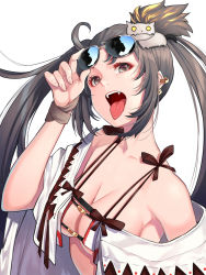 Rule 34 | 1girl, bare shoulders, bikini, blush, breasts, brown eyes, brown hair, cleavage, collarbone, earrings, eyewear on head, fangs, fate/grand order, fate (series), hair ornament, highres, jewelry, long hair, looking at viewer, medium breasts, mikan (chipstar182), multiple earrings, open clothes, open mouth, robe, simple background, sunglasses, swimsuit, tongue, tongue out, twintails, very long hair, white background, white bikini, yu mei-ren (fate), yu mei-ren (swimsuit lancer) (fate)