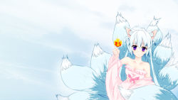 Rule 34 | 1girl, ahri (league of legends), alternate eye color, alternate hair color, animal ears, bad id, bad pixiv id, bell, blush, breasts, cleavage, detached sleeves, dress, fallen, fire, fox ears, fox tail, highres, league of legends, long hair, multiple tails, purple eyes, silver hair, small breasts, smile, solo, tail