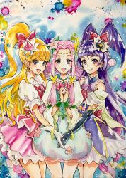 Rule 34 | 3girls, :d, blonde hair, blush, bow, bracelet, cure felice, cure magical, cure miracle, dress, earrings, facial mark, flower, forehead mark, frilled skirt, frills, gloves, hair bow, hair flower, hair ornament, highres, holding hands, jewelry, looking at viewer, mahou girls precure!, multiple girls, open mouth, own hands together, painting (medium), pink dress, pink hair, ponytail, precure, pukara, purple eyes, skirt, smile, traditional media, watercolor (medium)