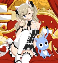 Rule 34 | 1girl, animal ears, blonde hair, blue eyes, breasts, cat ears, cleavage, earrings, eden&#039;s zero, happy (eden&#039;s zero), highres, jewelry, looking at viewer, one eye closed, rebecca bluegarden, skirt, smile, thighhighs, twintails