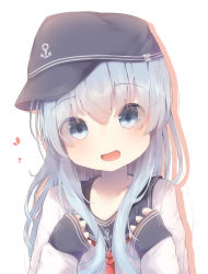 Rule 34 | 1girl, anchor, anchor symbol, blue eyes, blush, commentary request, hat, hibiki (kancolle), highres, kantai collection, long hair, long sleeves, looking at viewer, open mouth, outline, sailor collar, school uniform, serafuku, shadow, silver hair, simple background, smile, solo, sorahachi (sora823), upper body, white background