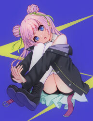 Rule 34 | 1girl, :o, ankle boots, assault lily, belt, black footwear, black jacket, black shorts, blue background, blue eyes, blunt bangs, boots, breasts, c-chrone, collared shirt, commentary request, double bun, full body, green ribbon, hair bun, hair ribbon, head on knee, head tilt, highres, jacket, knees up, long hair, looking at viewer, off shoulder, official alternate costume, open belt, open clothes, open jacket, outstretched arms, own hands together, parted lips, pink belt, pink hair, ribbon, shirt, shoe soles, short shorts, shorts, sitting, sleeveless, sleeveless shirt, solo, tanba akari, thighhighs, white shirt, white thighhighs