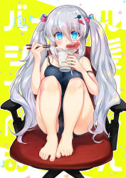 Rule 34 | 1girl, ass, barefoot, black camisole, black panties, black shorts, blue eyes, blush, cameltoe, camisole, chair, chopsticks, eating, feet, feet on chair, hair ornament, hairclip, highres, knees to chest, knees up, kurimochi chizuru, legs, long hair, nissin cup noodle, original, panties, panty peek, ribbon, short shorts, shorts, silver hair, sitting, solo, steam, strap slip, thighs, toes, twintails, underwear, very long hair