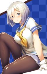 Rule 34 | 10s, 1girl, blue eyes, breasts, checkered background, commentary request, eyebrows, gloves, hair between eyes, hair ornament, hairclip, hamakaze (kancolle), kantai collection, large breasts, looking at viewer, pantyhose, shiny clothes, shirt, short hair, short sleeves, silver hair, skirt, solo, tobi-mura, white gloves, white shirt