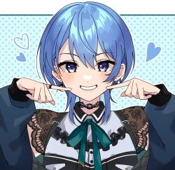 Rule 34 | 1girl, antsat0x, black choker, blue eyes, blue hair, choker, collared shirt, commentary request, dotted background, frills, green ribbon, heart, highres, hololive, hoshimachi suisei, hoshimachi suisei (streetwear), jacket, jacket partially removed, jewelry, long sleeves, neck ribbon, official alternate costume, official alternate hairstyle, ribbon, ring, shirt, short hair, short sleeves, solo, virtual youtuber