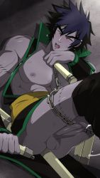 Rule 34 | 1boy, black eyes, black hair, blush, chain, chinese clothes, colored skin, cum, erection, closed eyes, highres, lee bailong, male focus, mazjojo, nipples, nunchaku, object insertion, penis, purple skin, shaman king, solo, stitches, sweat, testicles, weapon