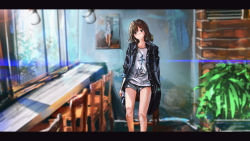 Rule 34 | 1girl, black jacket, blush, brown eyes, brown hair, buttons, chair, clothes writing, collar, collarbone, denim, denim shorts, drawing (object), ein eis, frown, head tilt, highres, indoors, jacket, legs, letterboxed, long hair, open clothes, open jacket, plant, short shorts, shorts, sketch, sleeves rolled up, solo, standing, table, translation request