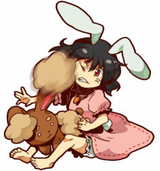 Rule 34 | 1girl, animal ears, bad id, bad pixiv id, barefoot, black hair, buneary, carrot, carrot necklace, clenched teeth, creatures (company), crossover, enu (spinal), face punch, feet, full body, game freak, gen 4 pokemon, in the face, inaba tewi, jewelry, necklace, nintendo, pendant, pokemon, pokemon (creature), punching, rabbit ears, red eyes, short hair, simple background, stuffed animal, stuffed toy, teddy bear, teeth, touhou, white background