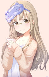 Rule 34 | 1girl, babydoll, basa rutan, blue babydoll, blush, brown background, brown eyes, brown hair, brown jacket, closed mouth, collarbone, commentary request, cup, frills, hands up, highres, holding, holding cup, jacket, jewelry, long hair, long sleeves, mask, mask on head, mug, nijisanji, open clothes, open jacket, pendant, plaid, shirt, signature, simple background, sister claire, sister claire (7th costume), sleep mask, sleeves past wrists, smile, solo, upper body, very long hair, virtual youtuber, white shirt
