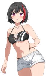 Rule 34 | 1girl, :o, absurdres, bang dream!, bare arms, bikini, bikini under shorts, black bikini, black hair, blush, breasts, cowboy shot, highleg, highleg bikini, highres, jewelry, looking at viewer, mitake ran, navel, necklace, noshimurin, open fly, open mouth, red eyes, red hair, short shorts, shorts, simple background, small breasts, solo, standing, swimsuit, unbuttoned, v-shaped eyebrows, white background, white shorts