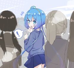 Rule 34 | !, +++, 4girls, alternate costume, aoki lapis, blue eyes, blue hair, blue skirt, blush, commentary request, cowboy shot, crowd, from behind, gem hair ornament, gradient hair, grey sweater, halftone, hand up, highres, long hair, long sleeves, looking at viewer, looking back, low twintails, multicolored hair, multiple girls, pleated skirt, ponytail, purple hair, raised eyebrows, school uniform, skirt, smile, solo focus, spoken exclamation mark, suzumecha (yuzensuzu), sweater, twintails, very long hair, vocaloid, waving