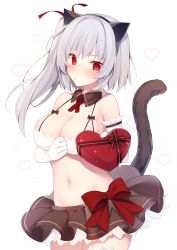 Rule 34 | 1girl, animal ears, bare shoulders, blush, box, bra, breasts, brown skirt, cat ears, cat tail, cleavage, commentary request, cowboy shot, detached collar, elbow gloves, fake animal ears, gloves, hair ribbon, hairband, heart, heart-shaped box, highres, holding, holding box, lingerie, long hair, looking at viewer, medium breasts, miko (royal milk), miniskirt, navel, original, puckered lips, raco (miko 92), red eyes, red ribbon, ribbon, side ponytail, silver hair, simple background, skirt, solo, standing, stomach, tail, thighhighs, underwear, valentine, white background, white bra, white gloves, white thighhighs, zettai ryouiki