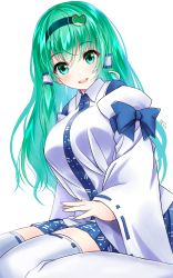 Rule 34 | 1girl, blue bow, blue ribbon, blush, bow, breasts, dated, detached sleeves, frog hair ornament, green eyes, green hair, hair between eyes, hair ornament, hair tubes, hairband, highres, kochiya sanae, lap pillow, lap pillow invitation, large breasts, long hair, long sleeves, looking at viewer, open mouth, ribbon, ribbon-trimmed legwear, ribbon-trimmed sleeves, ribbon trim, sidelocks, simple background, sitting, skirt, smile, solo, thighhighs, touhou, white background, white thighhighs, wide sleeves, yamaguchi yuu, zettai ryouiki