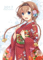 Rule 34 | 10s, 1girl, 2017, alternate costume, artist name, blue eyes, braid, breasts, brown hair, floral background, floral print, flower, hair flower, hair ornament, headband, japanese clothes, kantai collection, kimono, long hair, long sleeves, looking at viewer, medium breasts, meso (goma-meso), obi, open mouth, propeller hair ornament, red kimono, sash, solo, teruzuki (kancolle), twin braids, wide sleeves