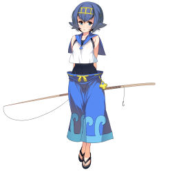 Rule 34 | 1girl, arms behind back, bare shoulders, black footwear, blue eyes, blue hair, blue pants, blue sailor collar, blush, capri pants, collarbone, covered navel, creatures (company), crop top, female focus, fishing rod, flat chest, full body, game freak, hairband, highres, holding, kouno (masao), lana (pokemon), lips, looking at viewer, nintendo, one-piece swimsuit, pants, pokemon, pokemon sm, sailor collar, sandals, shiny skin, shirt, short hair, simple background, sleeveless, sleeveless shirt, solo, standing, swimsuit, swimsuit under clothes, teeth, trial captain, white background, white shirt, yellow hairband