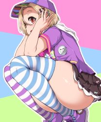 Rule 34 | 1girl, absurdres, aki (sangetusei), baseball cap, blonde hair, blue background, blue hat, blue thighhighs, blush, brown skirt, ear piercing, feet out of frame, green background, hair between eyes, hair ornament, hairclip, hands on own head, hat, highres, idolmaster, idolmaster cinderella girls, looking at viewer, looking to the side, multicolored background, open mouth, outline, piercing, pink background, purple footwear, purple hat, purple thighhighs, red eyes, shadow, shirasaka koume, short sleeves, skirt, skull and crossbones, solo, squatting, striped clothes, striped thighhighs, tareme, thick thighs, thighhighs, thighs, white outline