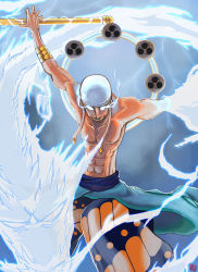 Rule 34 | 1boy, abs, bandana, blonde hair, dragon, earrings, electricity, enel, fighting stance, glowing, glowing eyes, highres, jewelry, male focus, muscular, one piece, pole, topless male, skypiea, solo, weapon