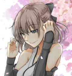 Rule 34 | 1girl, absurdres, adjusting hair, bare shoulders, black bow, blonde hair, bow, cherry blossoms, detached sleeves, fate/grand order, fate (series), grey eyes, hair between eyes, hair bow, half-closed eyes, highres, japanese clothes, okita souji (fate), okita souji (koha-ace), short hair, smile, solo, tetsu (excalibur920), vambraces