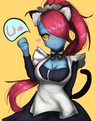 Rule 34 | 1girl, animal ears, apron, blue skin, blush, breasts, cat ears, cleavage, colored skin, hair over one eye, highres, maid, maid apron, red hair, solo, tail, undertale, undyne, yellow eyes