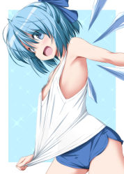 Rule 34 | 1girl, alternate costume, armpit peek, bare arms, bare shoulders, blue background, blue bow, blue eyes, blue hair, blue shorts, blue wings, border, bow, breasts, cirno, cowboy shot, dolphin shorts, fingernails, hair bow, highres, ice, ice wings, looking at viewer, medium hair, micro shorts, multicolored hair, nori tamago, open mouth, shirt, shorts, small breasts, smile, solo, sparkle, tank top, touhou, two-tone hair, white background, white border, white shirt, wings