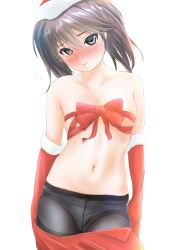 Rule 34 | 1girl, blush, bow, bow panties, breasts, brown eyes, brown hair, collarbone, gloves, hat, head tilt, hiyama izumi (wttdh), kantai collection, naked ribbon, navel, panties, panties under pantyhose, pantyhose, red gloves, ribbon, ryuujou (kancolle), santa hat, small breasts, solo, twintails, underwear, upper body