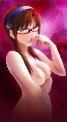 Rule 34 | 00s, 1girl, bad id, bad pixiv id, blue eyes, blue hairband, breasts, brown hair, cleavage, collarbone, completely nude, evangelion: 2.0 you can (not) advance, glasses, hairband, hand up, ikuyoan, lips, long hair, looking at viewer, low twintails, makinami mari illustrious, medium breasts, navel, neck, neon genesis evangelion, nipples, nude, parted lips, pink background, rebuild of evangelion, red-framed eyewear, solo, twintails