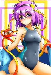 Rule 34 | 1girl, absurdres, blue shirt, blush, breasts, competition swimsuit, d-m (dii emu), eyeball, hairband, heart, highres, komeiji satori, long sleeves, looking at viewer, one-piece swimsuit, pink eyes, pink hair, shirt, short hair, sitting, small breasts, solo, swimsuit, third eye, touhou, undressing
