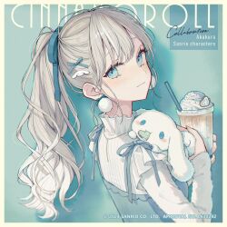 Rule 34 | 1girl, akakura, aqua background, aqua dress, aqua eyes, aqua ribbon, artist name, character name, cinnamoroll, closed mouth, copyright notice, cup, dress, drinking straw, earrings, english text, hair ornament, hair ribbon, highres, holding, holding cup, jewelry, light brown hair, long hair, looking at viewer, ponytail, ribbon, sanrio, shirt, simple background, smile, solo, upper body, white shirt
