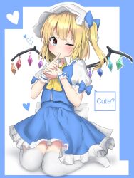 Rule 34 | 1girl, alternate color, alternate eye color, blue border, blue bow, blue eyes, blue skirt, blue vest, border, bow, commentary request, crystal, english text, finger to mouth, flandre scarlet, frilled skirt, frills, full body, heart, highres, looking at viewer, medium hair, one eye closed, one side up, seiza, shirt, short sleeves, sitting, skirt, solo, speech bubble, thighhighs, touhou, vest, white background, white headwear, white shirt, white thighhighs, wings, youmu-kun